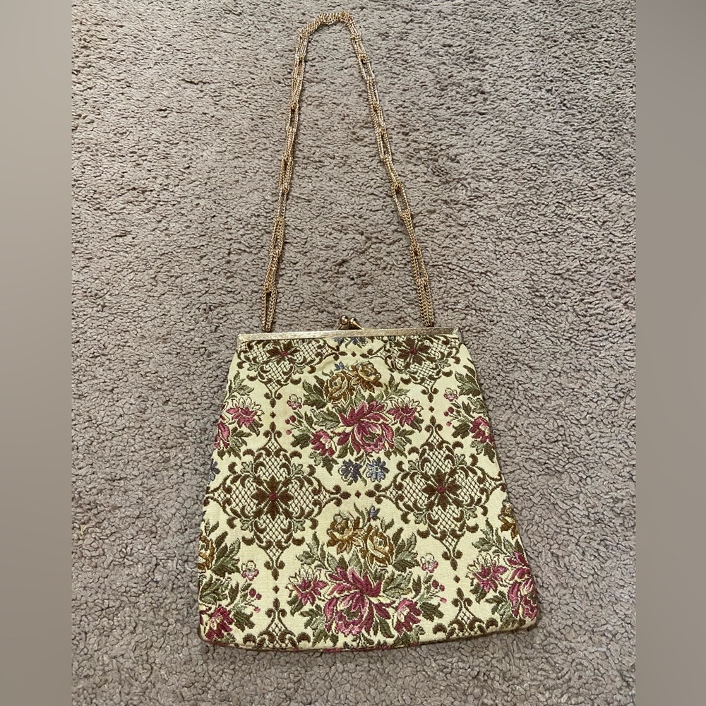Vintage Walborg Floral Tapestry Purse Shoulder Bag West Germany Gold Chain Link
